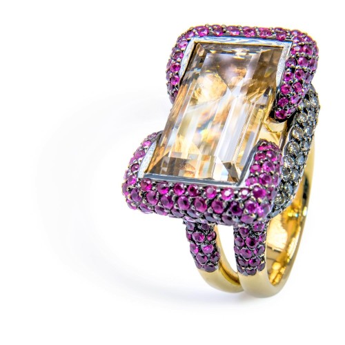 Luxusný prsteň zo žltého zlata s Citrínom, Rubínom a diamantami