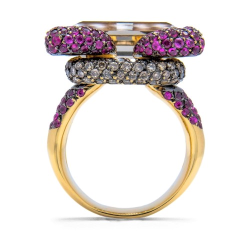 Luxusný prsteň zo žltého zlata s Citrínom, Rubínom a diamantami